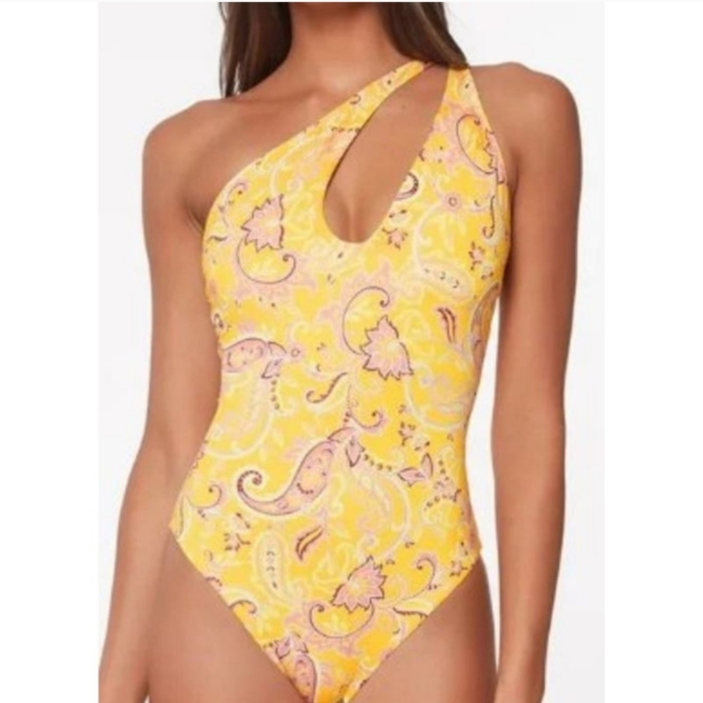 🌺Sanctuary Paisley Assymetrical One Shoulder One Piece Mango Yellow Swimsuit S